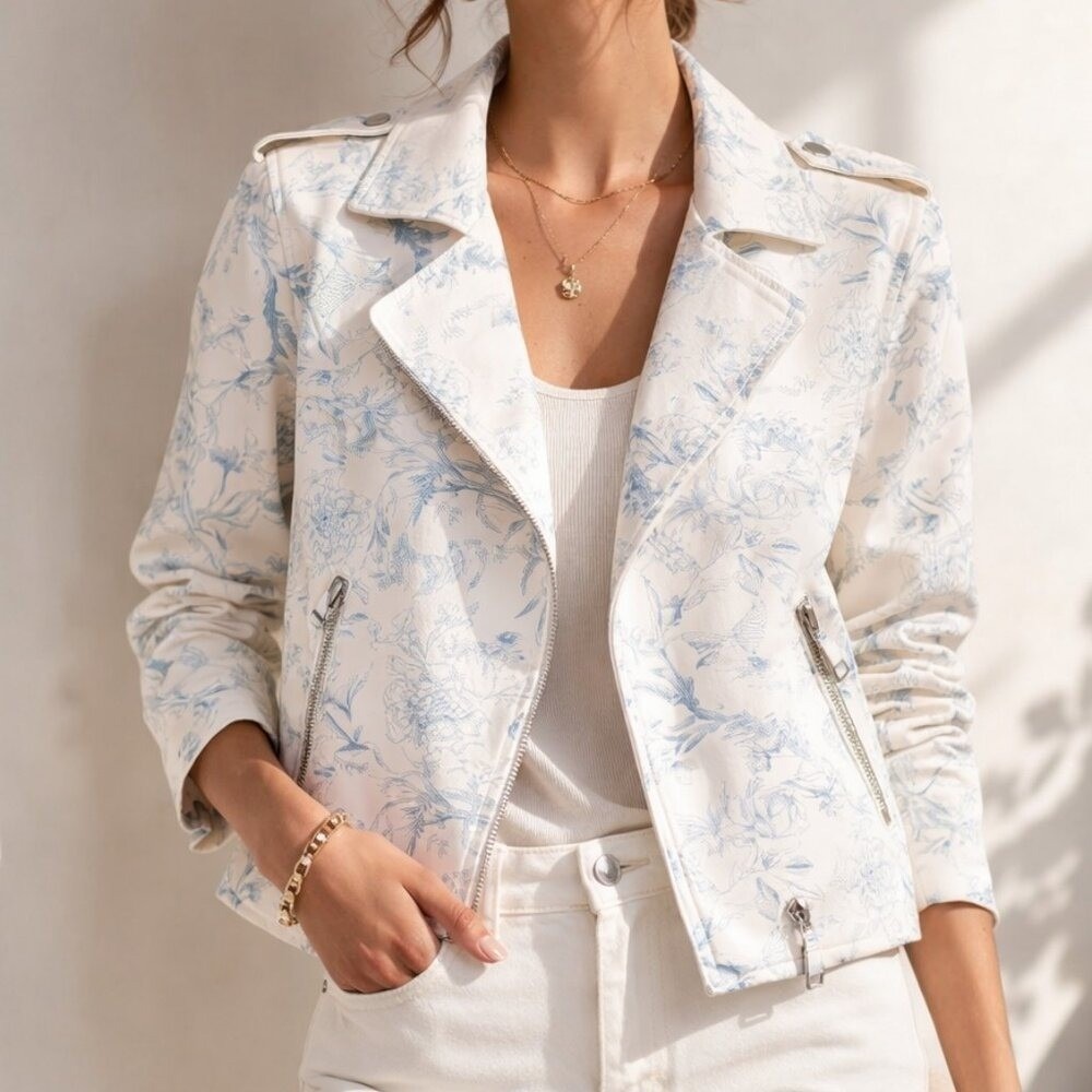Philosophy Republic Floral Moto Jacket White Blue Toile Faux Leather SZ Medium